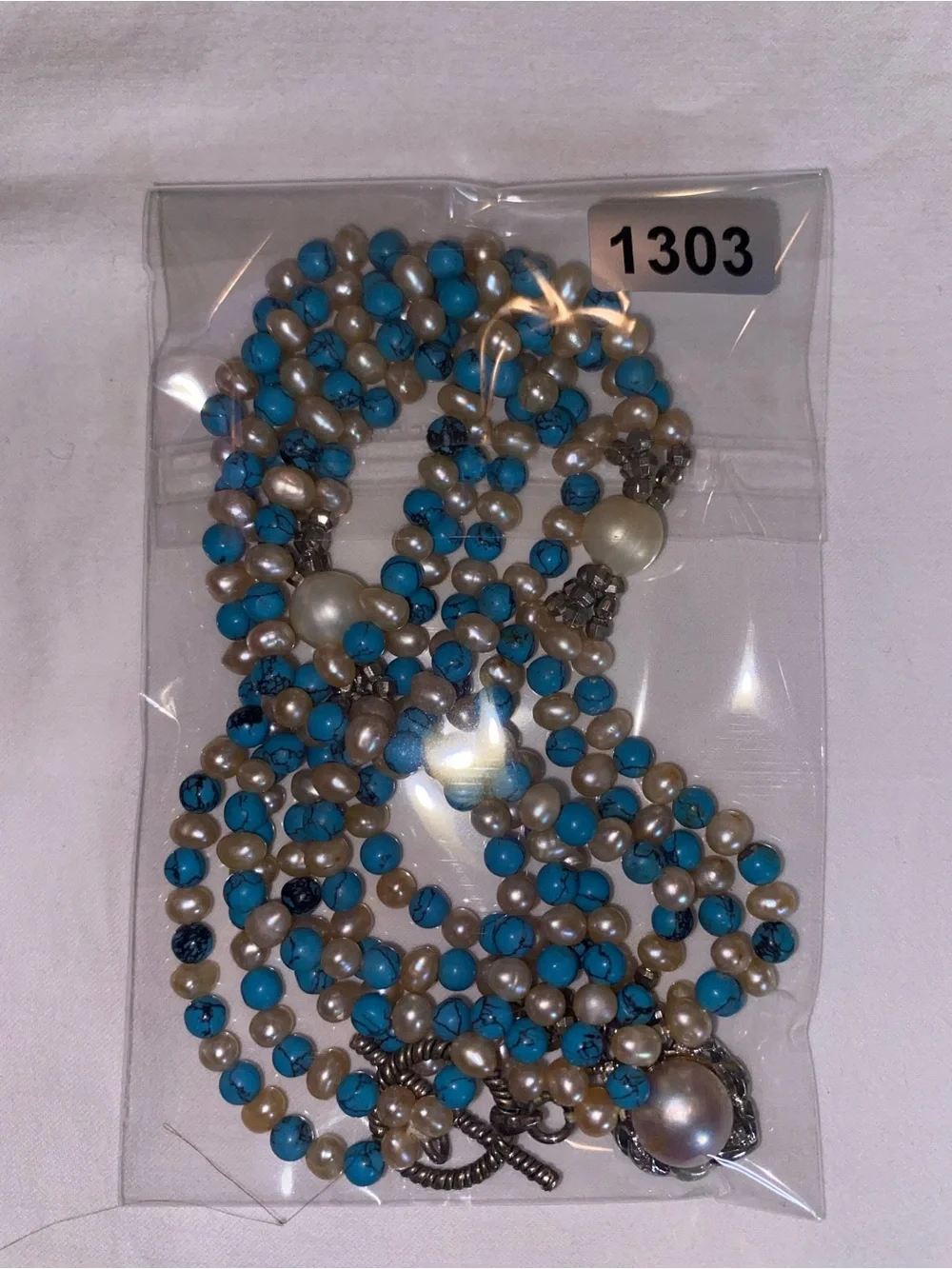 Turquoise Beaded Pearl-Accent Necklace with Silver-Tone Details - Picture 6 of 7